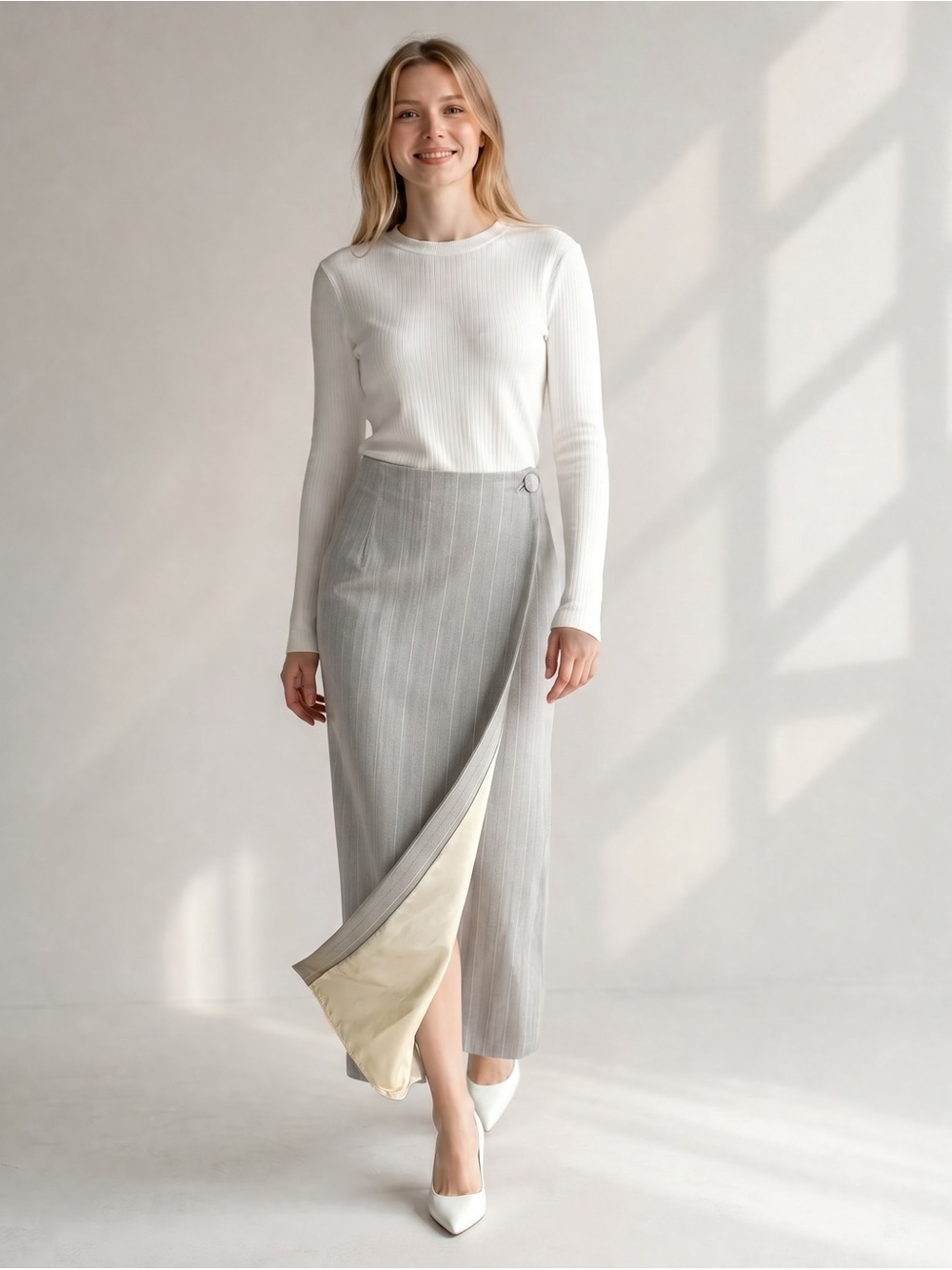 Vintage 1994 Marks & Spencer Sage Grey Wool Pinstripe Midi Skirt - Size 10 / M